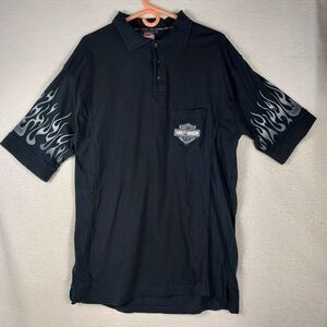 Harley-Davidson Black Polo Shirt 2XL Mens Flame Sleeves Pocket Logo